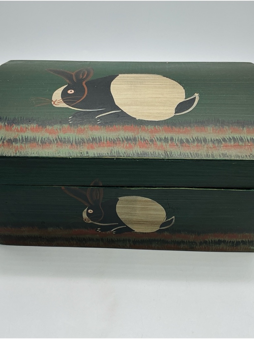 Vintage Wooden Box Hand Painted Rabbit Bunny Trinket Wood Container Latch Farm